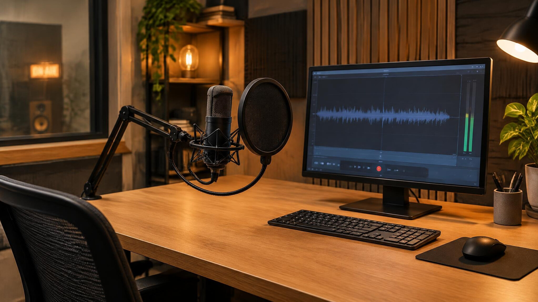 Recording studio with microphone and pop filter