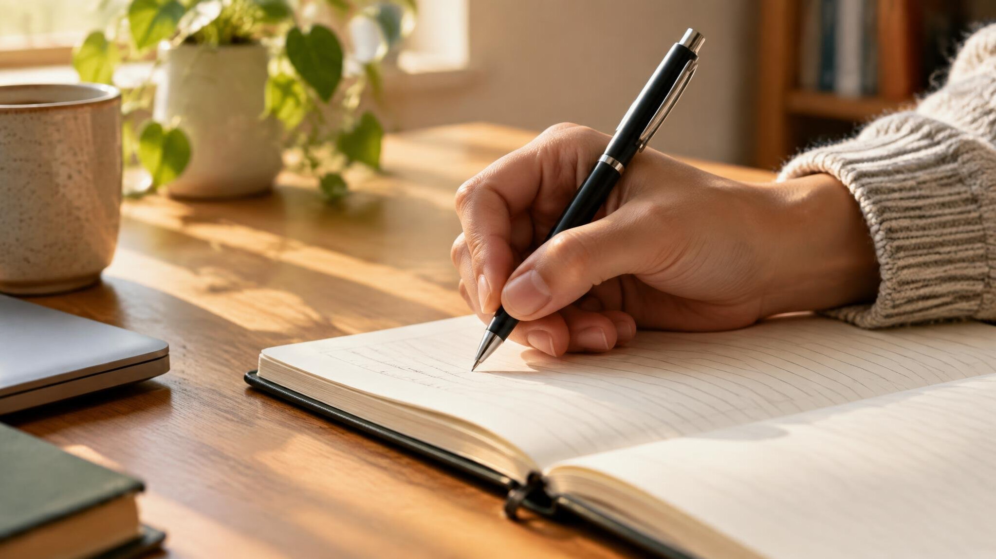 Hand writing notes in a notebook